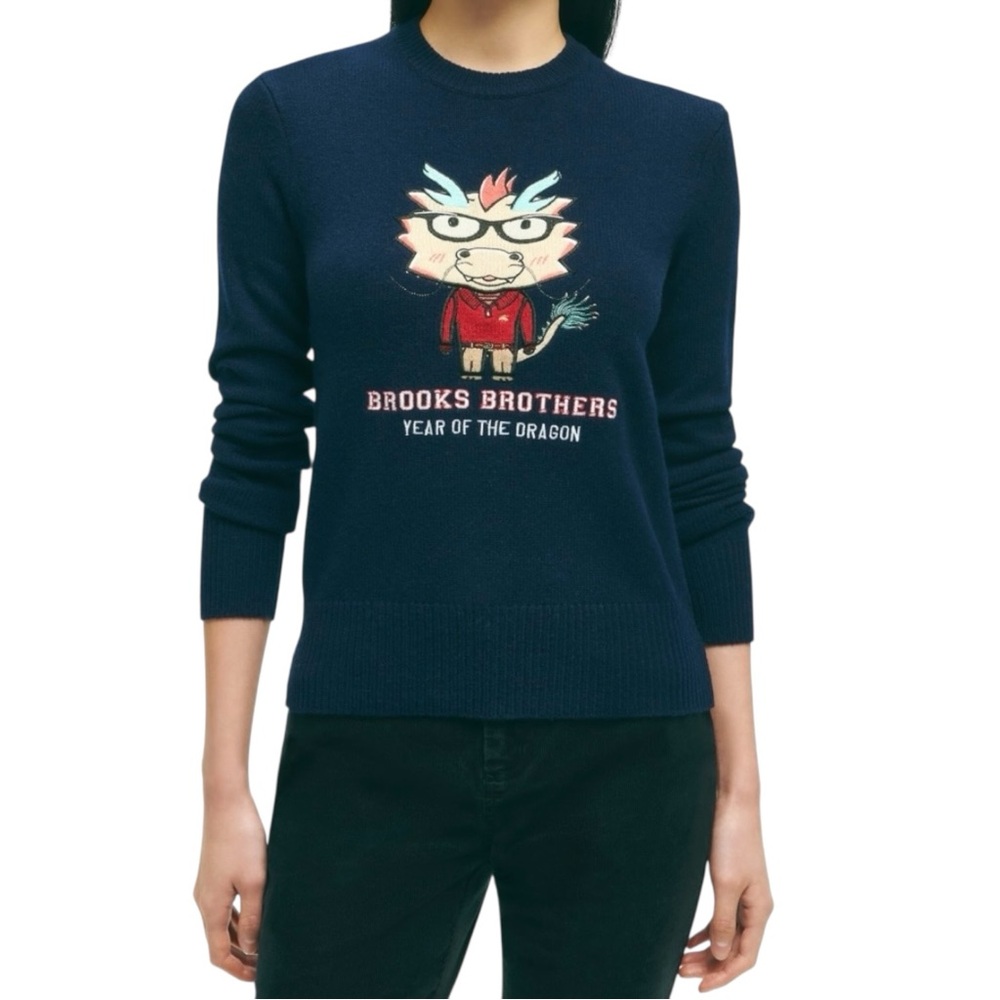 Brooks Brothers Lunar New Year Dragon Merino Wool Navy Blue Sweater Women Small